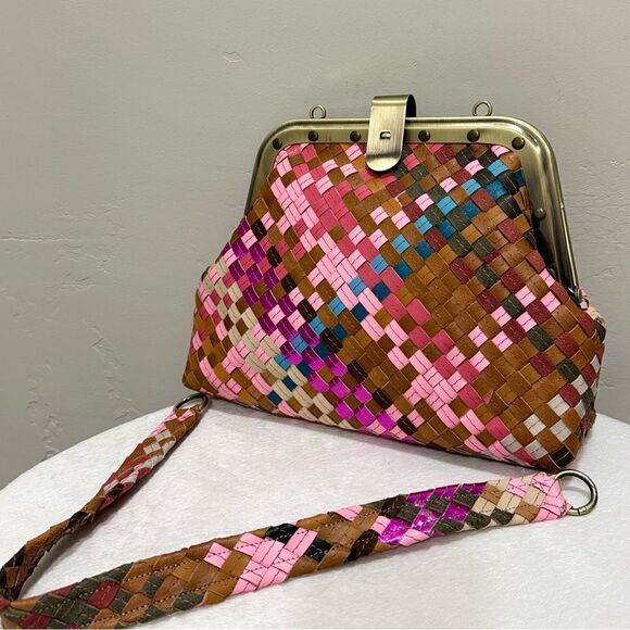 Colorful Genuine Woven Leather Retro Metal Frame & Push Lock Handbag, Crossbody - Picture 1 of 16